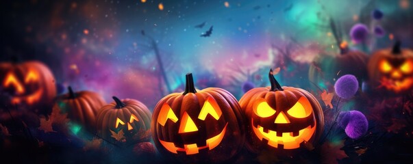 Naklejka premium Halloween wallpaper with scary forest pumpkins and bats, banner panorama. Generative Ai.
