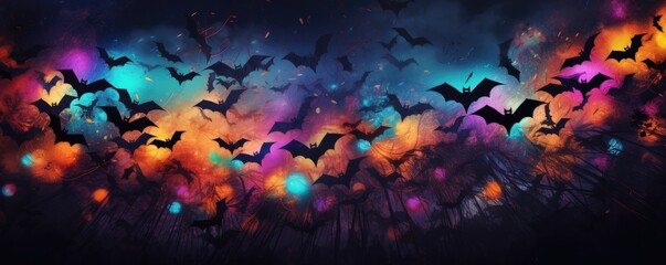 Halloween wallpaper with scary forest pumpkins and bats, banner panorama. Generative Ai.