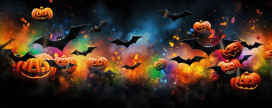 Halloween wallpaper with scary forest pumpkins and bats, banner panorama. Generative Ai.