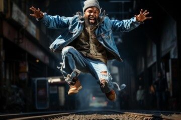 Street dancer's powerful leaps and jumps captured mid-air, Generative AI