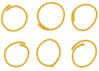 Super set hand drawn highlight circle isolated on white background. Collection of different yellow circles. Vector illustration.