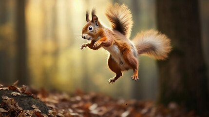 Squirrel Jumping with Delight on the Ground, a Heartwarming Display of Wildlife Exuberance