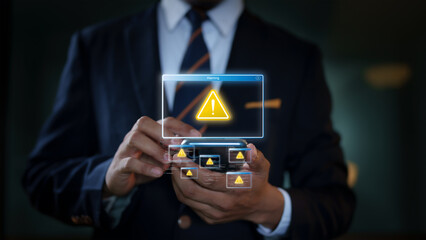 Businessman using a smartphone with a sign warning of online crime risks. Accessing websites, clicking on unsafe text links is a threat to identity theft software. - obrazy, fototapety, plakaty