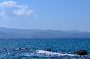 view of the Cyprus mountains from the beach across the sea 1