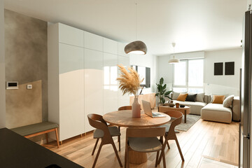 Loft-style small parisian appartment interior design - 3D render - obrazy, fototapety, plakaty