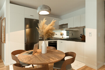 Kitchen of a loft-style small parisian appartment interior design - 3D render - obrazy, fototapety, plakaty
