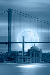 Ortakoy Mosque on the banks of the Bosphorus, with the Bosphorus Bridge in the background with full Moon "Elements of this image furnished by NASA"