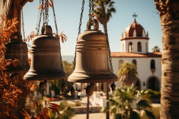 Obraz premium Church's historic bell tower with its bells in mid ring, Generative AI