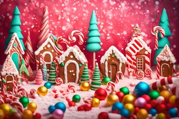 Design a mouthwatering 3D composition with a fantastical Candyland theme. Populate the scene with oversized candy canes, gumdrop trees, and gingerbread houses, set against a colorful Xmas background 