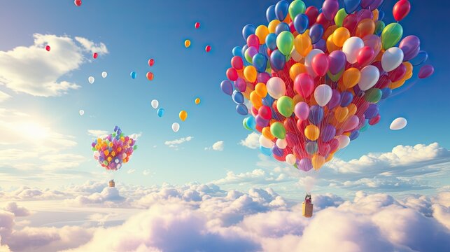  a bunch of balloons floating in the sky above the clouds.  generative ai
