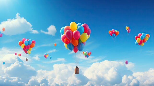  a bunch of balloons floating in the air above the clouds.  generative ai