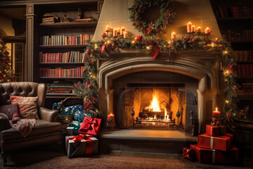 Fototapeta na wymiar A warm and inviting living room with a crackling fireplace, adorned with Christmas decorations and stockings. Generated AI