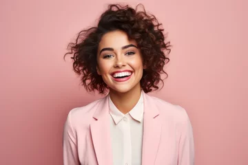 Foto op Plexiglas Happy ultra beauty girl, woman, who is smiling and laughing, wearing bright clothes. Bright solid background © MD Media