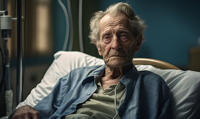 Portrait of an elderly man lying in a hospital ward. Healthcare and medicine. - obrazy, fototapety, plakaty