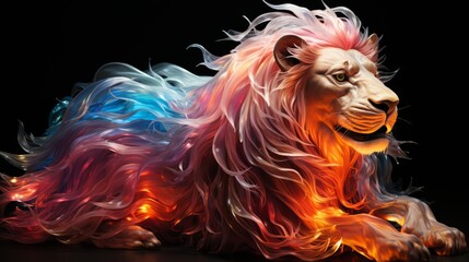 A majestic lion with a vibrant mane of dazzling colors captures the eye, evoking a feeling of untamed beauty and power in the wild