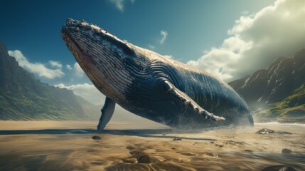 A majestic whale majestically swims in the ocean, the sky above a vibrant mix of clouds and azure blue, while the golden sand beach and lush nature of the surrounding landscape - obrazy, fototapety, plakaty