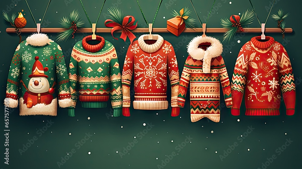 Sticker a row a bunch of ugly jumpers for a christmas party. generative ai