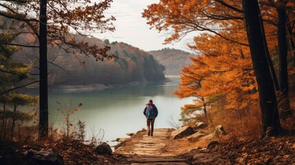 People Walking Along Lake Path - Beautiful Autumn Scenery