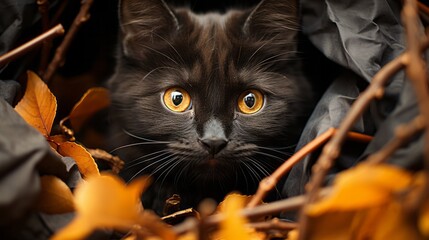 On a crisp autumn day, a small black kitten with bright orange eyes peeks out from behind a bush, its furry whiskers twitching as it surveys its new world with a wild and curious air