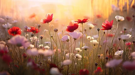 Fotobehang Поле цветов на закате в прекрасный день, в стиле натуралистической цветовой палитры, © grigoryepremyan
