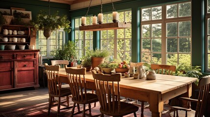 Fototapeta premium Country dining room with a long wooden table, spindle-back chairs, and a rustic chandelier