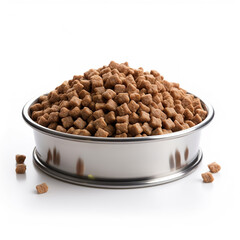a metal bowl of pet food, on a white background