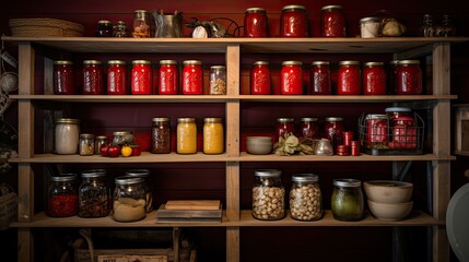 Country pantry with wooden shelves, mason jars, and canned preserves