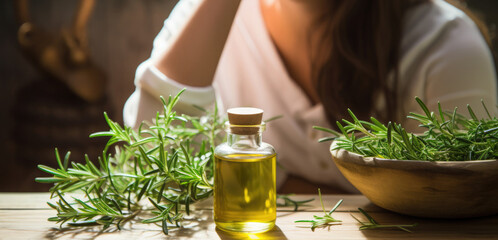 fragrant medicinal evergreen rosemary oil help with hair loss. rosemary oil jar on a wooden background.