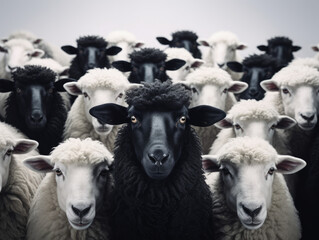 : An intriguing image featuring a black sheep within a flock of white sheep, set against a clean and uncluttered background, symbolizing uniqueness and individuality.