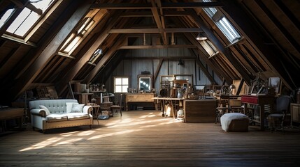Old barn attic transformed into a studio with vintage furniture and exposed wooden trusses