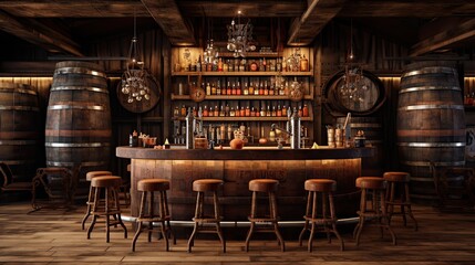 Rustic bar area with a wooden counter, barrel seats, and vintage signs