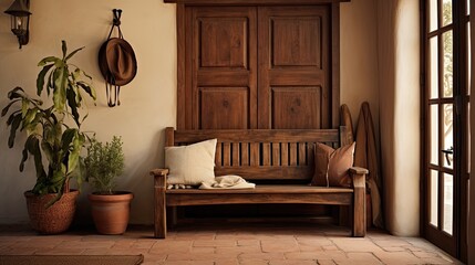Rustic entryway with a heavy wooden door, wrought iron hooks, and a bench