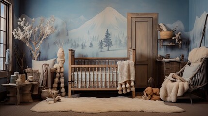 Rustic nursery with a wooden crib, animal skin rugs, and hand-painted murals