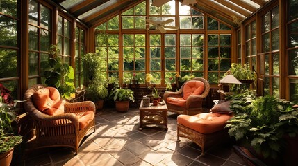 Rustic sunroom with wicker furniture, stone flooring, and an abundance of potted plants
