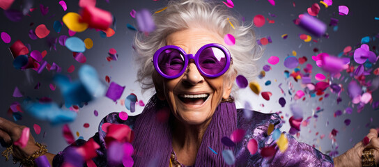 Old lady Surprised and excited, opening eyes and mouth in outrageous party clothing and bright sunglasses, Bright solid orange and purple color background