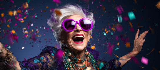Old lady Surprised and excited, opening eyes and mouth in outrageous party clothing and bright...