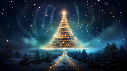 Christmas background with christmas tree, snow and stars. Beautiful christmas night.	
