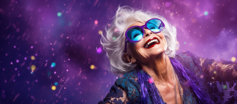Old lady Surprised and excited, opening eyes and mouth in outrageous party clothing and bright sunglasses, Bright solid orange and purple color background