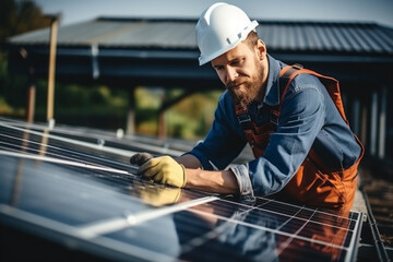 Ingeniero de energía solar instalando paneles solares, en el techo, técnico eléctrico en el trabajo. IA Generativa - obrazy, fototapety, plakaty