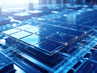 Obraz premium A close-up of a futuristic solar panel manufacturing facility, highlighting renewable energy and green technology.