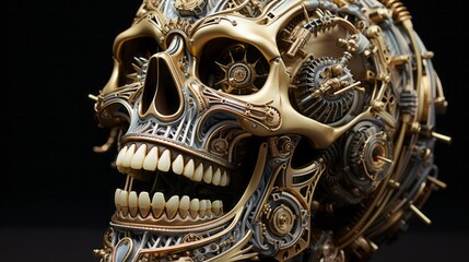 A metal skull with gears and teeth stares out, challenging viewers to contemplate the power of art to transform the familiar into something strange and fascinating