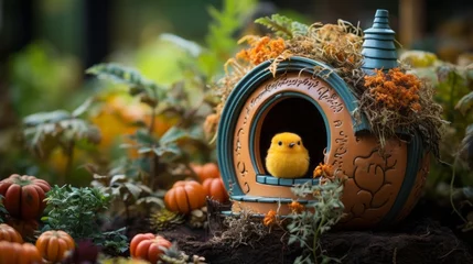  On a crisp fall evening, a tiny yellow bird perched atop a pumpkin plant, surrounded by the vibrant colors of the season, overlooking an outdoor setting perfect for a halloween night © Envision