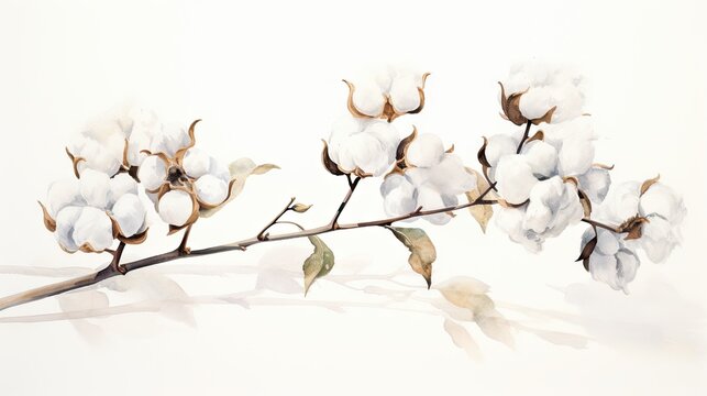  a painting of a branch of cotton flowers with leaves on it.  generative ai