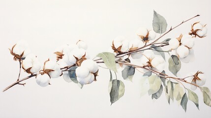  a branch with cotton flowers and leaves on a white background.  generative ai