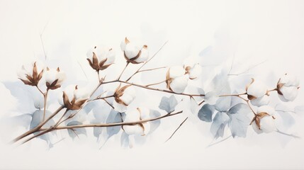 a branch of cotton with white flowers and brown leaves on it.  generative ai - obrazy, fototapety, plakaty