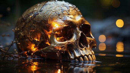 A glistening skull, suspended in an outdoor pool of still water, casts a haunting reflection that shimmers in the light