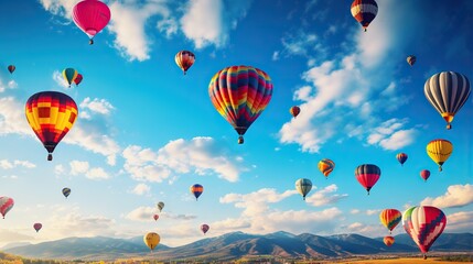 Fototapeta premium a bunch of hot air balloons flying in the sky over a field. generative ai