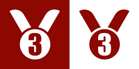 Icon with sport medal for celebration victory. Champion reward. Third place. Vector illustration of bronze medal.