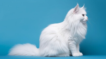 Side Profile of a White Longhair Cat. A Graceful Display of the Whole Cat, Showcasing the Beauty and Poise of This Majestic Feline