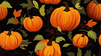  a bunch of pumpkins with leaves on a black background.  generative ai